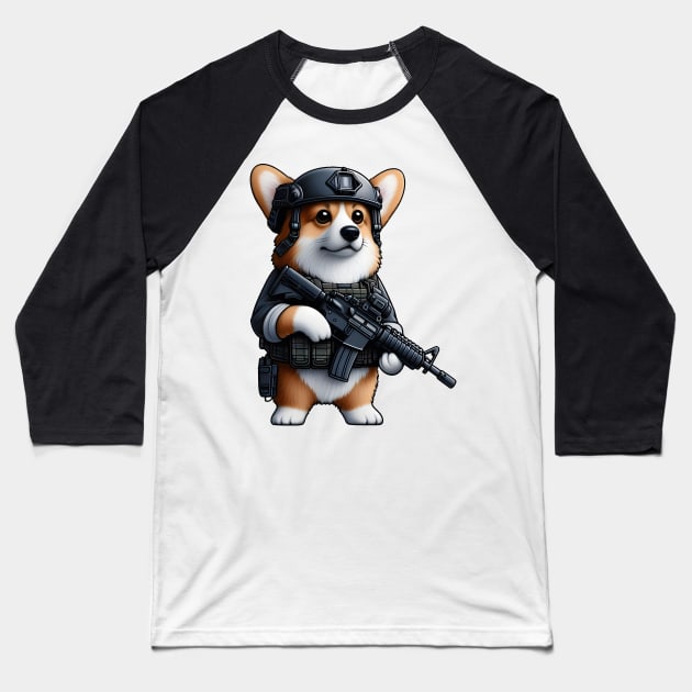 Tactical Corgi Baseball T-Shirt by Rawlifegraphic